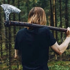38-inch hand-forged carbon steel Viking long axe with polished wood handle – view 2