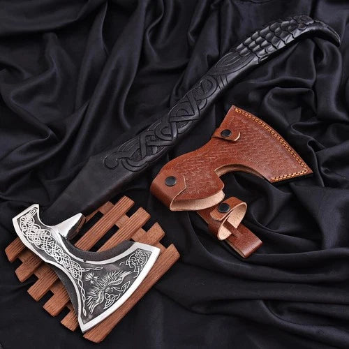 Hand Forged Viking Axe Raven Axe, Hand carved Bearded axe Collectible Hatchet