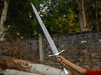 hand-forged Damascus Viking longsword with detailed handle and wooden scabbard – view 3