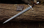 hand-forged Damascus Viking longsword with detailed handle and wooden scabbard – view 4