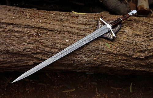Hand Forged Damascus Steel Viking Sword, Medieval Longsword With Wooden Scabbard
