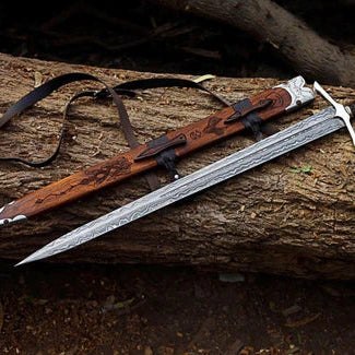 Hand Forged Damascus Steel Viking Sword, Medieval Longsword With Wooden Scabbard
