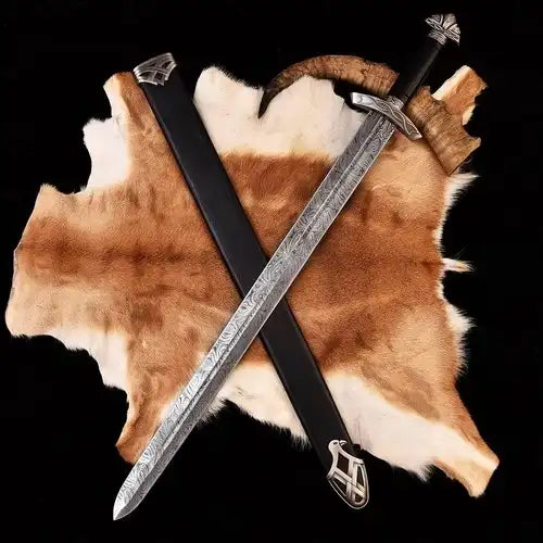 Handmade Damascus Viking Sword: Etched Medieval Replica with Scabbard