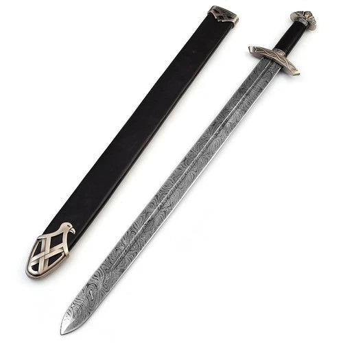 Handmade Damascus Viking Sword: Etched Medieval Replica with Scabbard