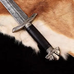 Handmade Etched Damascus Viking Sword with Scabbard – craftsmanship close-up