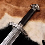 Handmade Etched Damascus Viking Sword with Scabbard – handle and fittings detail