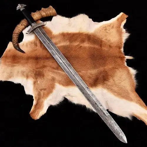 Handmade Damascus Viking Sword: Etched Medieval Replica with Scabbard