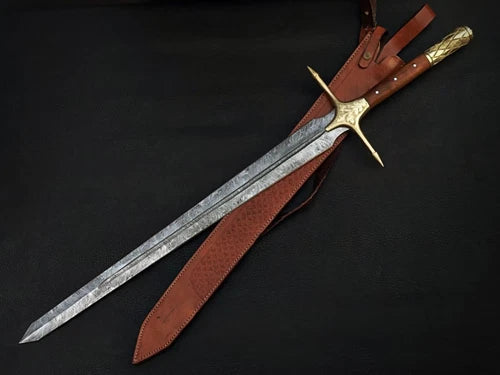 Handmade Damascus full tang sword Firestorm pattern Medieval Replica Brass Sword