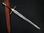 Handmade Damascus Firestorm Medieval Sword with Brass Handle – alternate display angle