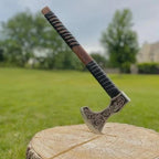 handmade engraved Viking axe with steel head wood handle and leather cover – view 1