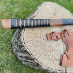 handmade engraved Viking axe with steel head wood handle and leather cover – view 2