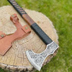 handmade engraved Viking axe with steel head wood handle and leather cover – view 3