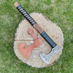 handmade engraved Viking axe with steel head wood handle and leather cover – view 4