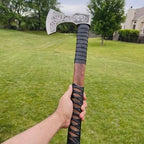 handmade engraved Viking axe with steel head wood handle and leather cover – view 5