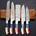 Four-piece Damascus kitchen knife set with USA flag handles
