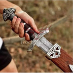 36-inch handmade Damascus Viking sword with leather-wrapped handle and scabbard – view 4