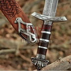 36-inch handmade Damascus Viking sword with leather-wrapped handle and scabbard – view 3