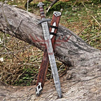 36-inch handmade Damascus Viking sword with leather-wrapped handle and scabbard – view 1
