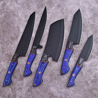Five-piece black chef knife set with blue wood handles