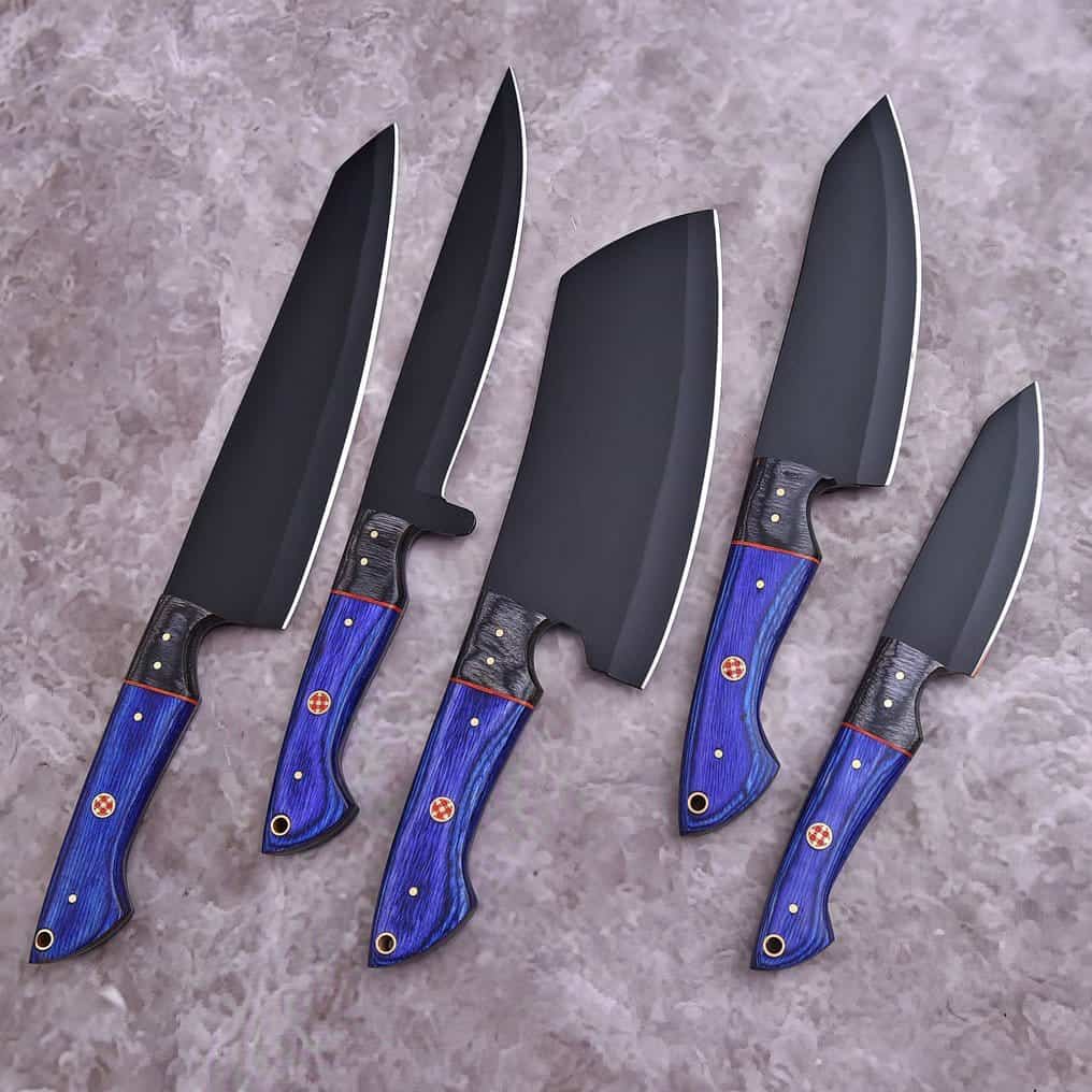 Five-piece black chef knife set with blue wood handles