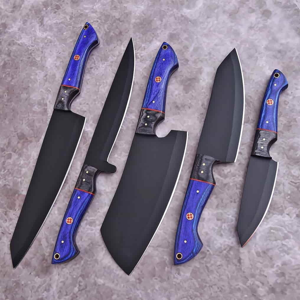 Five matte black culinary knife profiles with blue handles