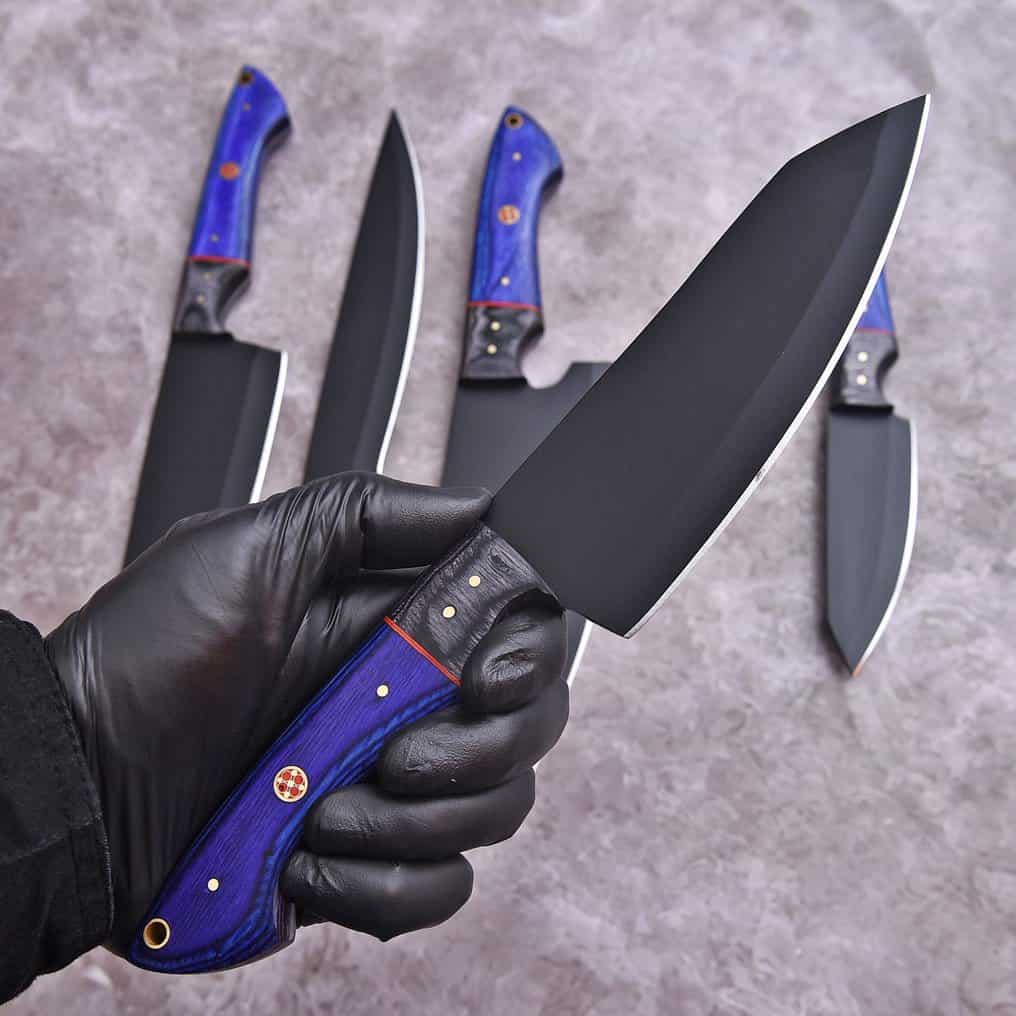Blue wood handles with fine red spacer accents