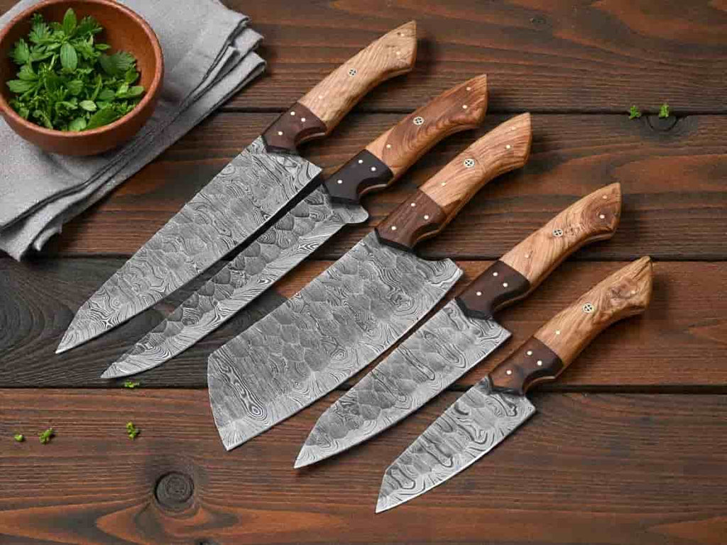Leather roll with handmade Damascus chef knives