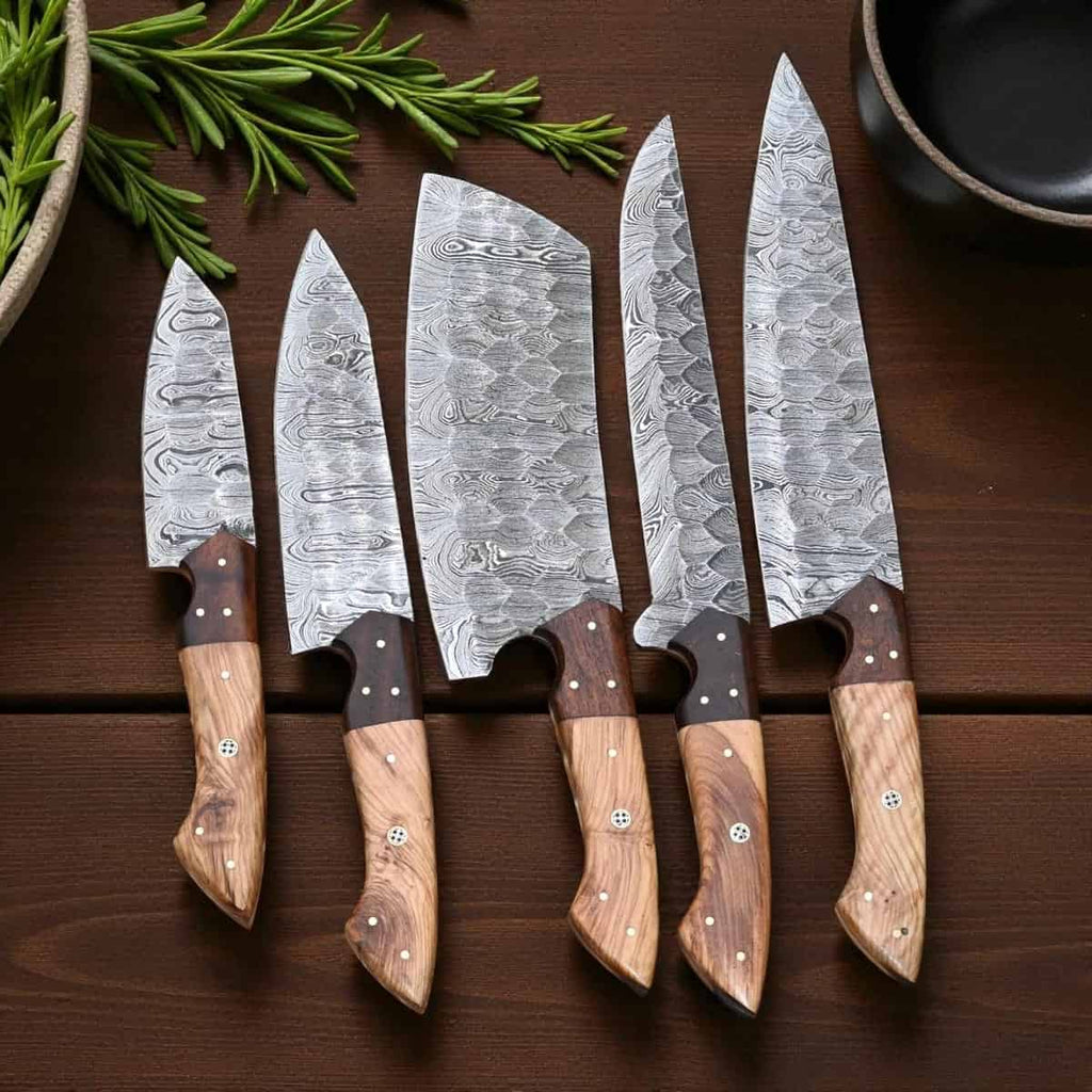 Five-piece natural wood Damascus chef knife set with roll