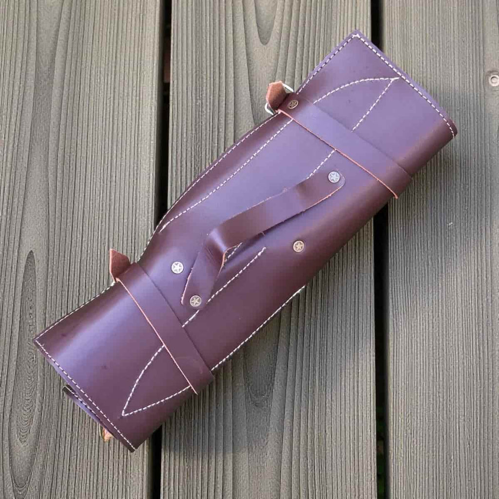 Natural wood handles and flowing Damascus blade patterns
