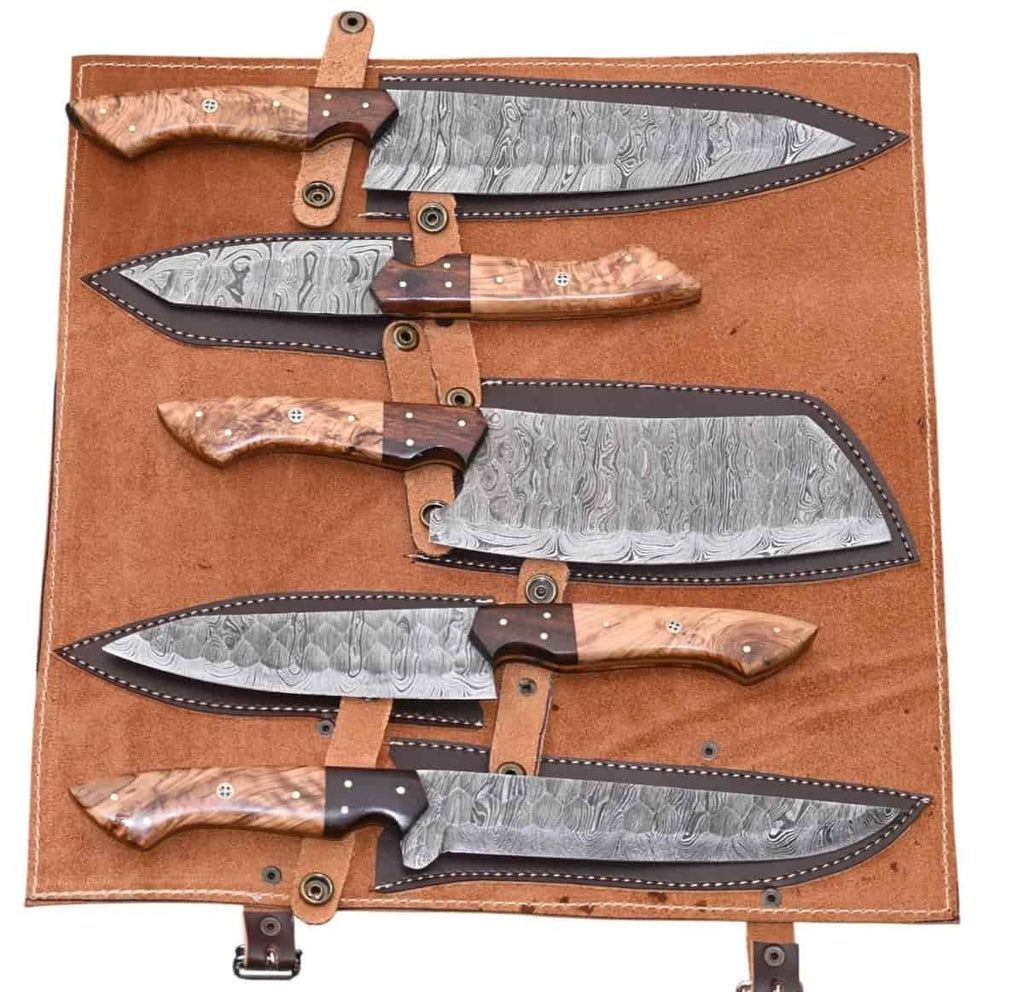Decorative pin details on natural wood chef knife handles