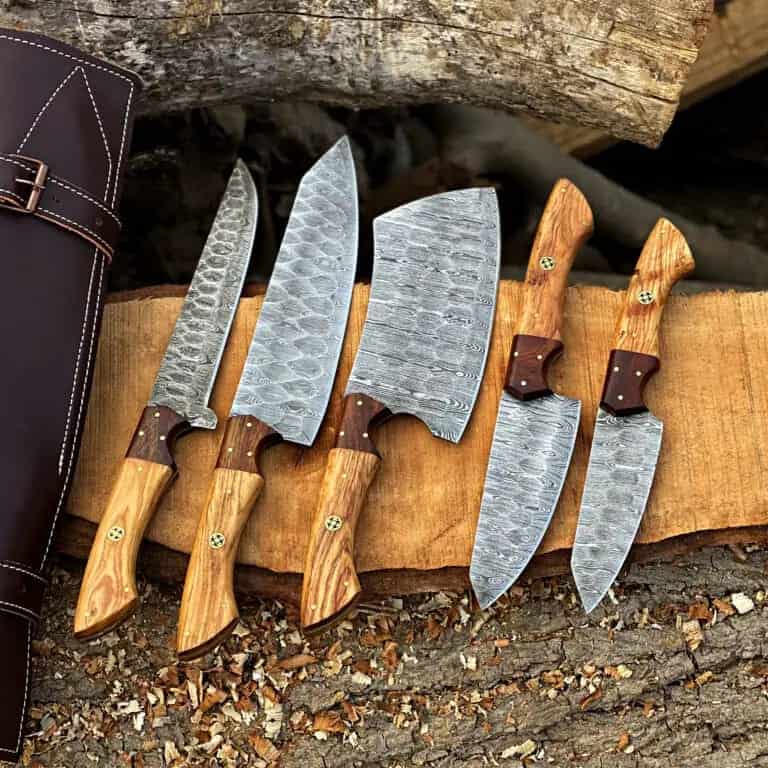 Leather roll with five olive-tone Damascus chef knives