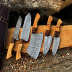 Five-piece olive-tone Damascus chef knife set with leather roll