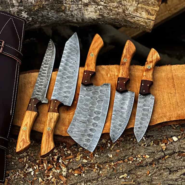 Five-piece olive-tone Damascus chef knife set with leather roll