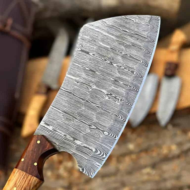 Decorative pin details on olive-tone chef knife handles