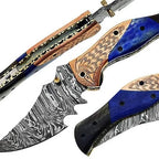 7-inch handmade Sharktooth Damascus folding knife with wood and metal handle – view 1