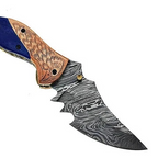 7-inch handmade Sharktooth Damascus folding knife with wood and metal handle – view 2