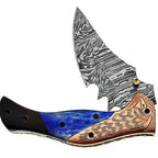 7-inch handmade Sharktooth Damascus folding knife with wood and metal handle – view 4