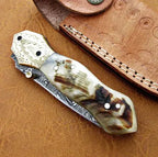 handmade Damascus folding knife with ram horn brass and mosaic pin handle – view 3