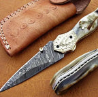 handmade Damascus folding knife with ram horn brass and mosaic pin handle – view 2