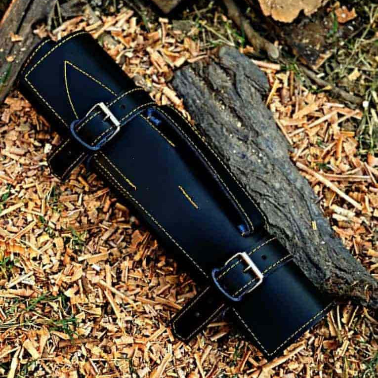 Black knife roll with five layered-pattern chef knives