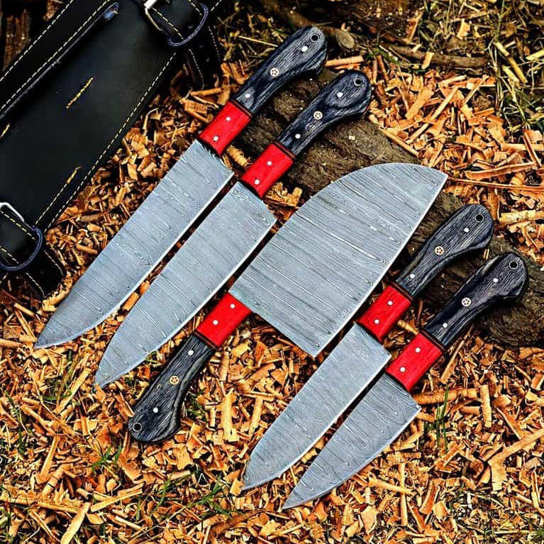 Five-piece red bolster chef knife set with black roll