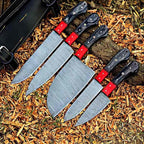 Mosaic pin details on red bolster chef knife handles