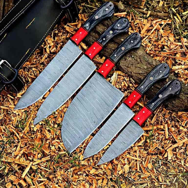 Mosaic pin details on red bolster chef knife handles