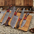 Patterned Damascus blades arranged with red inlay handles