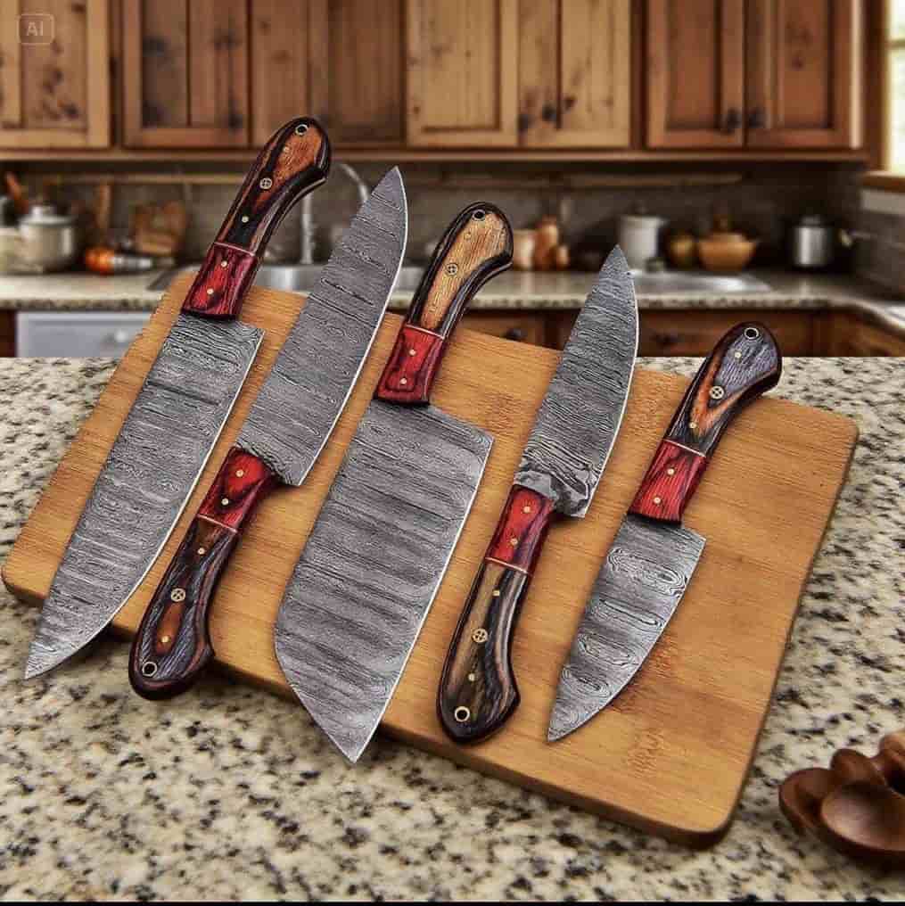 Patterned Damascus blades arranged with red inlay handles