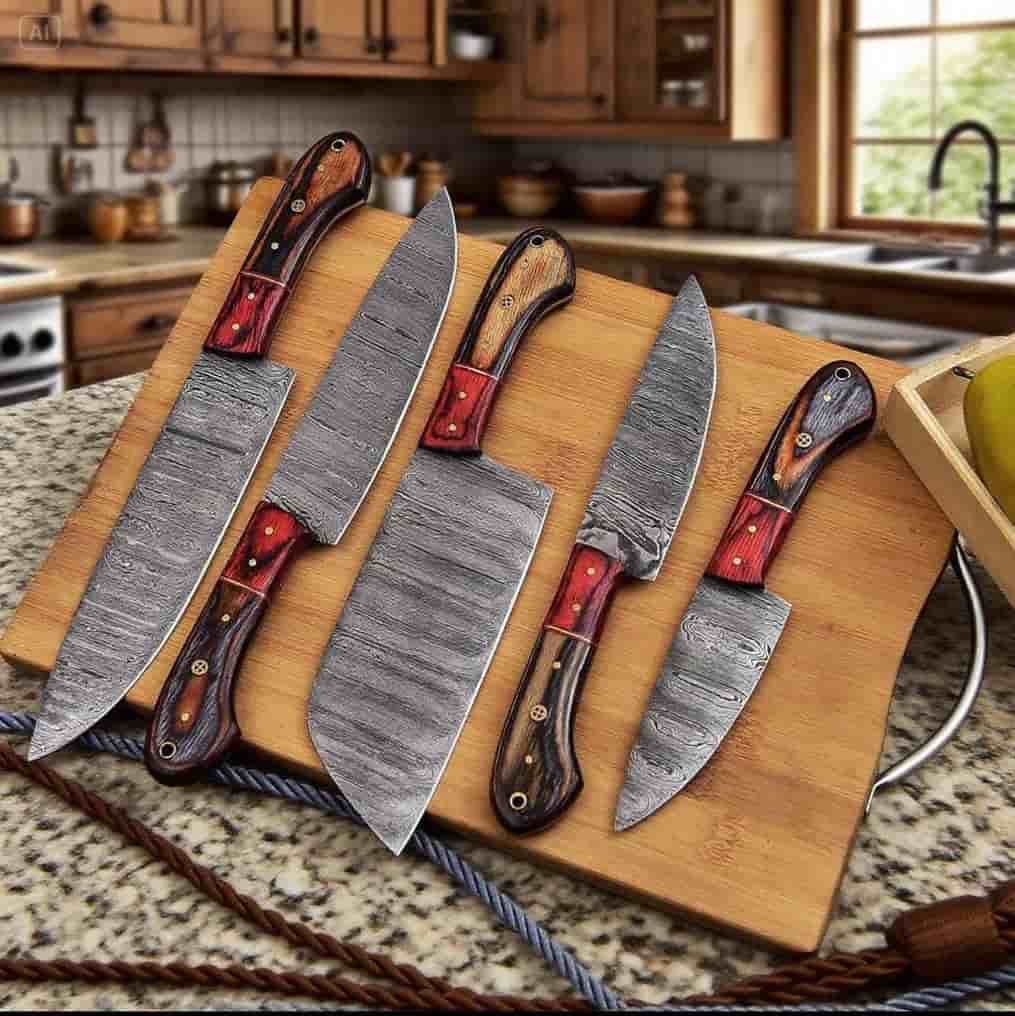 Damascus blade patterns with dark wood and red handle accents