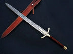 Handmade Damascus Medieval Sword with Golden Handle & Sheath – handle and fittings detail