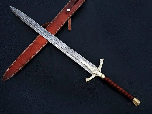 Handmade Damascus steel sword full tang Medieval Replica Golden Sword , Sheath