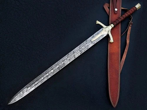 Handmade Damascus steel sword full tang Medieval Replica Golden Sword , Sheath