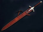 Handmade Damascus Medieval Sword with Golden Handle & Sheath – alternate display angle